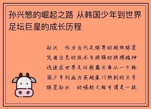 孙兴慜的崛起之路 从韩国少年到世界足坛巨星的成长历程